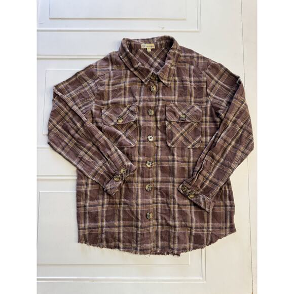 Democracy Women Medium Brown Plaid Flannel Button Up Long Sleeve Raw Hem Pocket - Picture 1 of 6